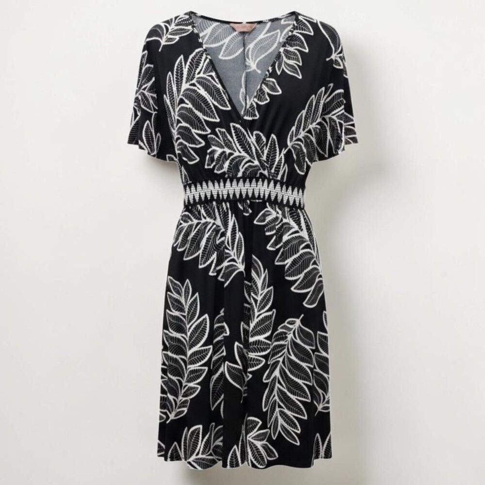 SJS Midi Dress Black White Palm Womens Small Smocked Waist Dolman Sleeves Boho